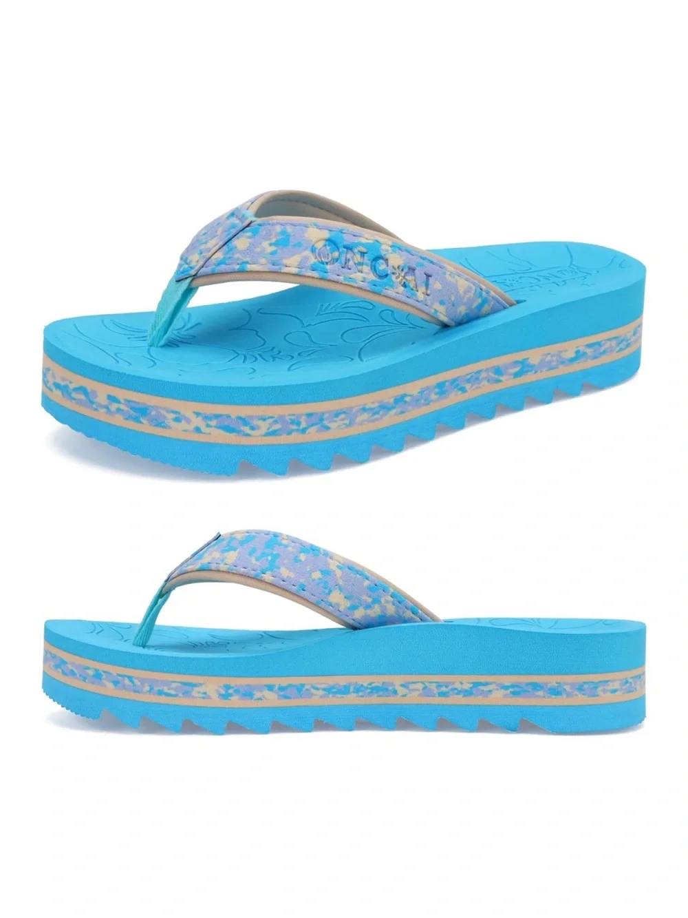 Blue Patterned Platform Flip Flops